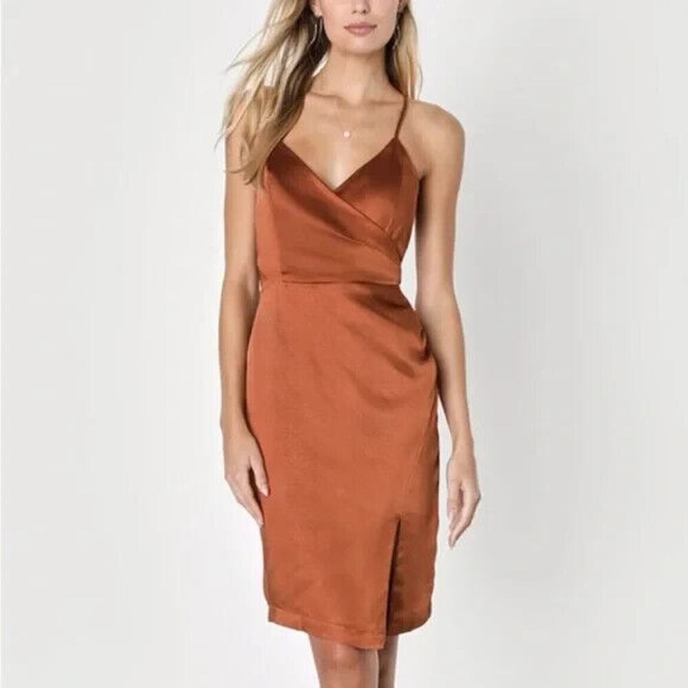 Lulu's Dress Size Large Hot Night Out Bronze Satin‎ Surplice Faux-Wrap Cocktail